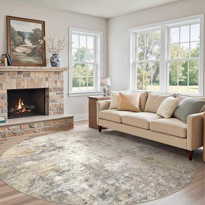 UERMEI 10ft Round Area Rug Living Room Rugs - 10x10 Washable Large Neutral Modern Abstract Soft Thin Rug Indoor Floor No Slip Rug Carpet for Bedroom Under Dining Table Home Office Decor - Golden Grey