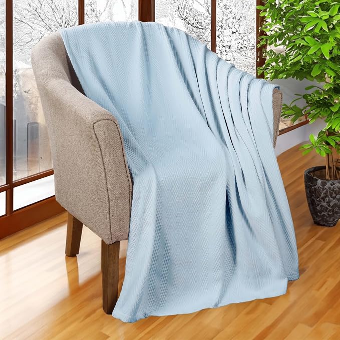 Superior Metro All-Season Cotton Blanket, Woven Blanket for Couch, Bed, Bedding, Farmhouse, Home Essentials, Cute and Cozy Bohemian Blankets, Herringbone Weave, California King, Light Blue