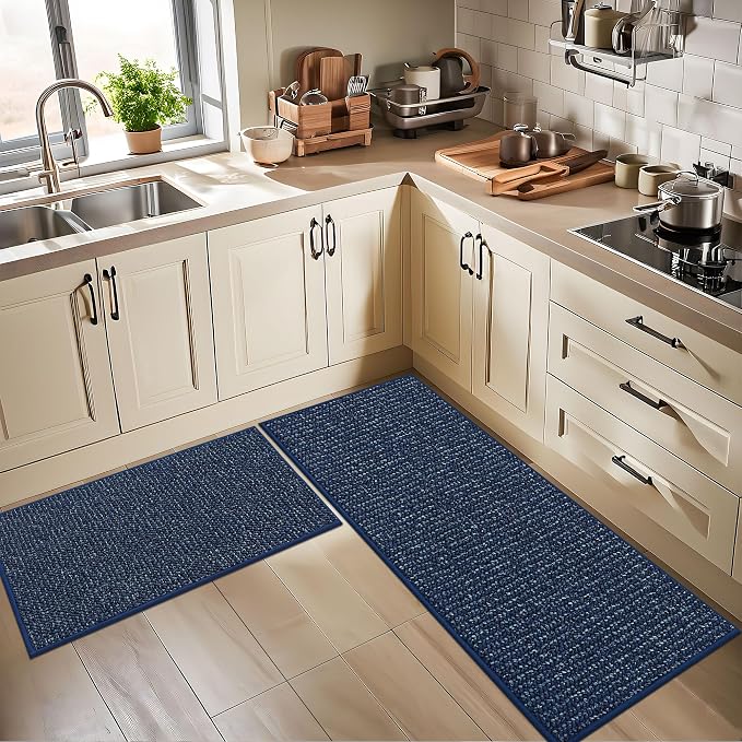 BEQHAUSE Kitchen Rugs and Mats 2PCS, Non-Slip Kitchen Mats for Floor, Absorbent and Stain Resistant Kitchen Runner, Machine Washable Rugs for Kitchen, Laundry & Sink, 20"x32"+20"x48", Blue