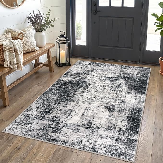 IOHOUZE Abstract Area Rug 4x5 Ft Washable Rugs for Entryway Indoor, Non Slip Small Living Room Rugs Printed Faux Wool Throw Rug, Floor Carpet for Kitchen Nursery Playroom, Black Grey