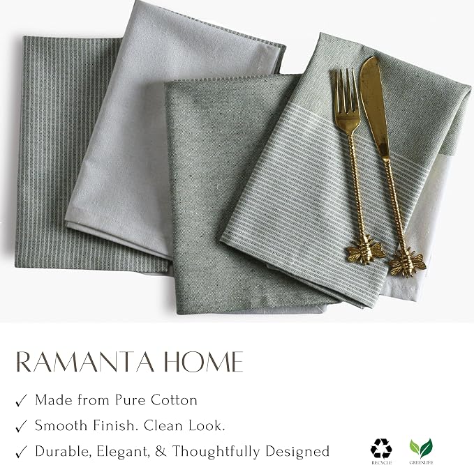 Ramanta Home Cloth Napkins Set of 12 18x18 Inches - Spring Basket Decor Block Striped Dinner Napkins for Easter Farmhouse Wedding, Washable Soft Cotton Durable Table Linen for Everyday Use - Green