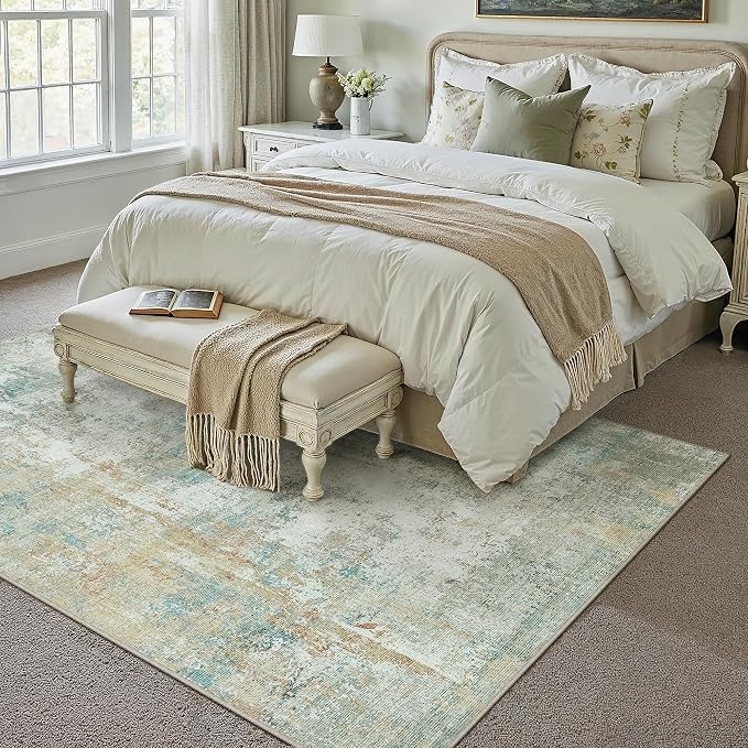 10x12 Washable Area Rug Teal Beige Abstract Non Slip Soft Low Pile Rug for Living Room Bedroom Dining Room Office Neutral Modern Indoor Large Throw Carpet for Home Decor