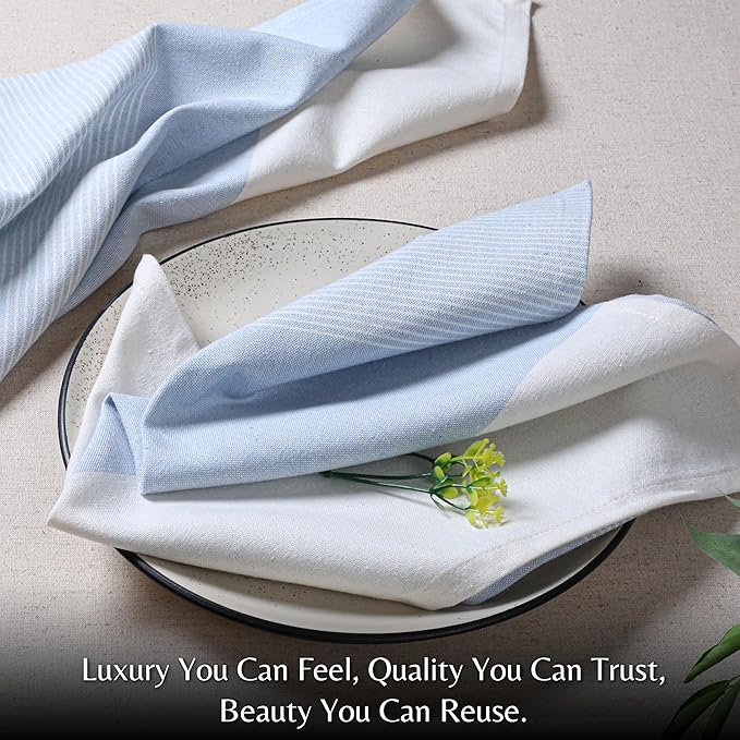 Palisa 100% Cotton Cloth Dinner Napkins [Pack of 4, Light Blue] Striped Pattern Reusable Table Linen Napkins for Home & Kitchen | Parties & Farmhouse Dining Décor 18x18 Inch