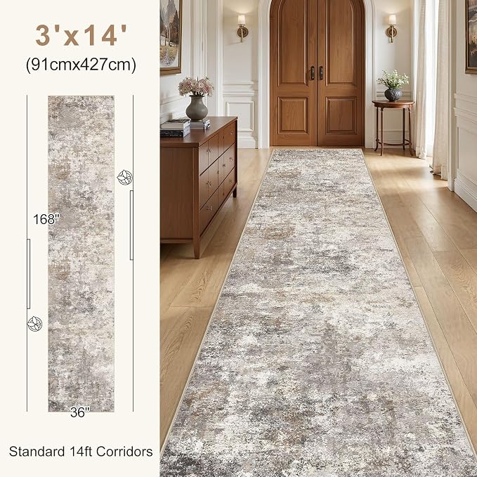UERMEI 3x14 Washable Runner Rug for Hallway, Non Slip Low Pile Kitchen Carpet, Neutral Modern Abstract Indoor Floor Mat for Entryway Laundry, Kid & Pet Safe High Traffic Area, Brown Grey