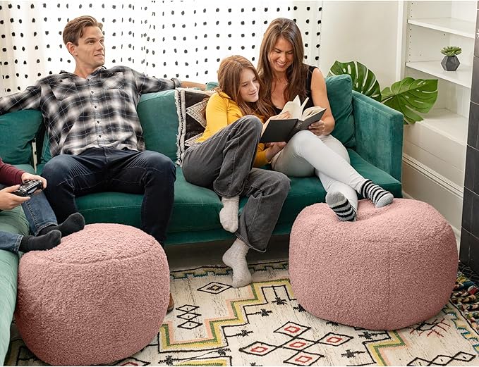 Jaxx Ellis Ottoman Shearling Faux-Lamb Plush Pouf for Modern Interior Design, Small, Pink
