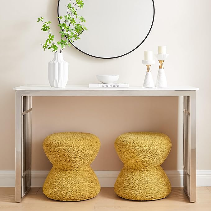 VANOMi Multi-Functional Boucle Ottoman, Set of 2, Vanity Stool Chair, Sturdy Rotating Wooden Footstool, Suitable for Living Room, Bedroom, and Entryway, Without Installation, Swivel, Yellow