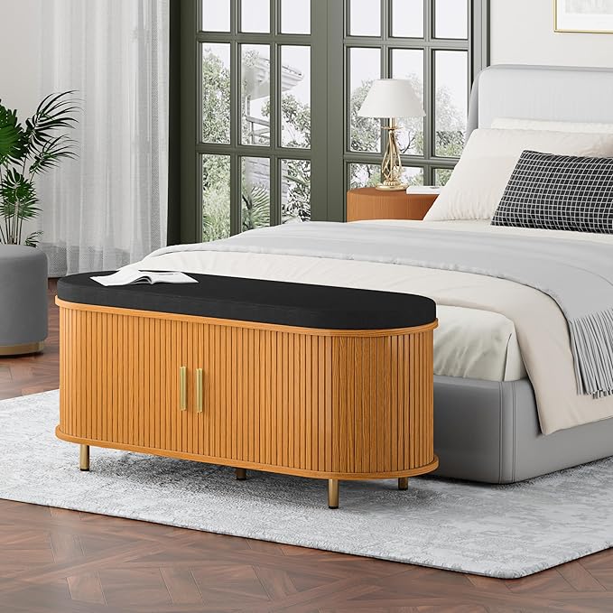 DHH 2-Tier Storage Bench,Wide Shoe Bench with Thickened Padded Seat Cushion, Mid Century Modern Fluted Sliding Door and Adjustable Shelf, for Entryway, Living Room, Bedroom (Yellow Walnut, 43.3“)