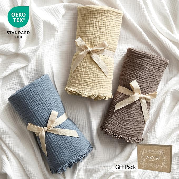 WDCOZY 100% Cotton Muslin Blanket Queen Size 4-Layer for Bed Breathable Lightweight Soft Large Boho Farmhouse Linen Tassels Ruffle Gauze Blankets All Season for Adults 90x90 Inches Beige Tan Neutral