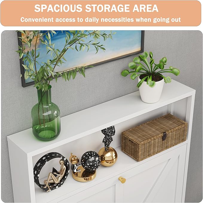 Shoe Cabinet with 2 Flip Drawers, Narrow Shoe Storage Cabinet, Farmhouse Shoe Organizer, Metal Freestanding Organizer with Legs for Entryway, Foyer (2 Door, White)