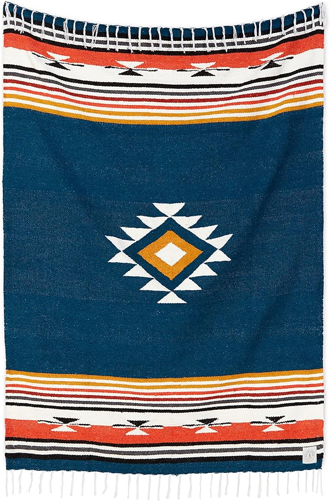 Blue and Tan Mexican Blanket by Laguna Beach Textile Co - Beach, Yoga, Camping, or Decorative Throw Blanket - Traditional Handmade Serape - Navy Baja