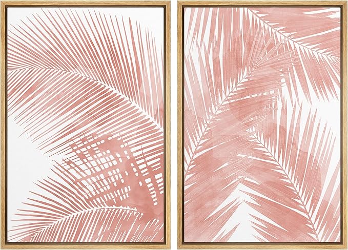 SIGNWIN Framed Canvas Print Wall Art Set Tropical Red Pastel Palm Leaf Plants Nature Wilderness Illustrations Modern Art Decorative Rustic Chic for Living Room, Bedroom, Office - 16"x24"x2 Natural