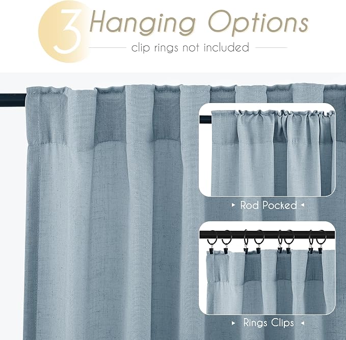 Dusty Blue Linen Curtains for Living Room Back Tab Light Filtering Semi Sheer Light Blue Bedroom Curtain Linen Cotton Textured Grey Blue Drapery Panel Airy Modern Farmhouse Aesthetic Decor 52x108 Long
