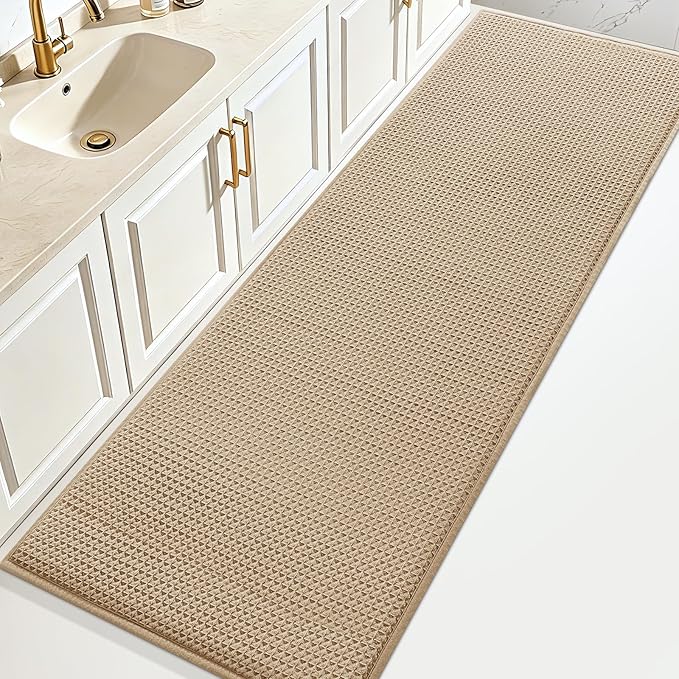 ACCUMTEK Memory Foam Bath Mat, Ultra Soft Absorbent Waffle Bathroom Rugs, Super Non-Slip PVC Backing Bath Rug Quick Dry, Machine Washable Rug for Tub, Shower, Home Decor Accessory, 60" x 24", Beige