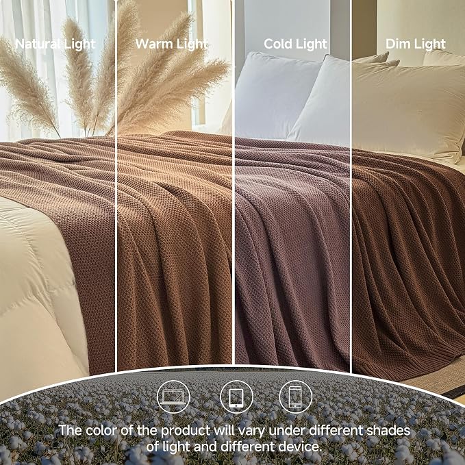 Simple&Opulence 100% Cotton Blanket King Size, Solid Color Cable Knitted Blanket Super Soft Comfortable Breathable Decorative Farmhouse for Couch Sofa Bed, All Season Use(Coffee,104x90)
