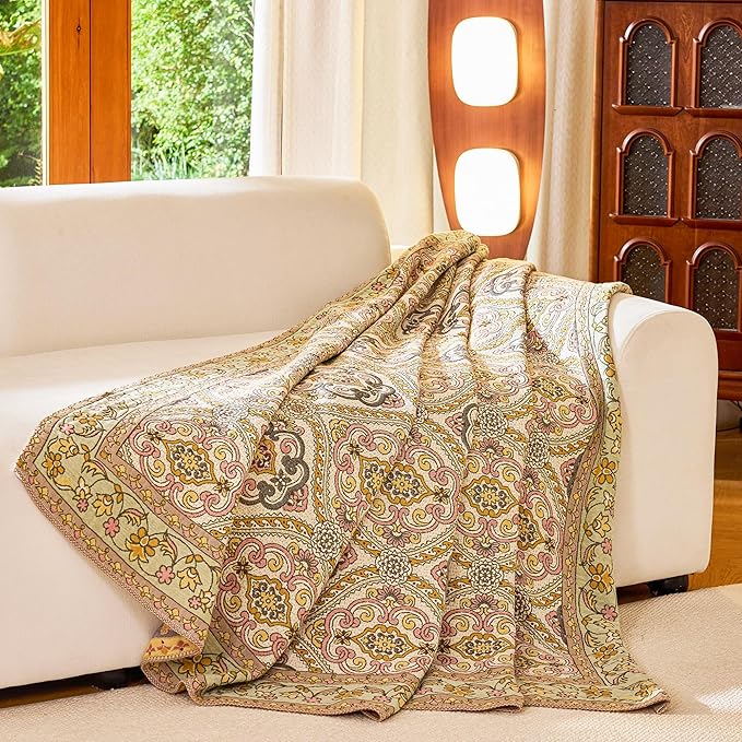 VANJOROY Boho Throw Blanket 80" x 90", 100% Organic Cotton Breathable Skin-Friendly Ultra Soft Bed Quilt Throw - Floral Rustic Decor Luxury Reversible Blanket for Sofa Couch Chair and Gift,