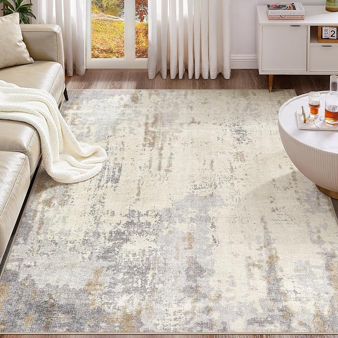 UERMEI 6x9 Area Rug Living Room Rugs - Washable Neutral Modern Abstract Soft Thin Rug Indoor Floor No Slip Rug Carpet for Bedroom Under Dining Table Home Office Decor - Light Brown/Gray