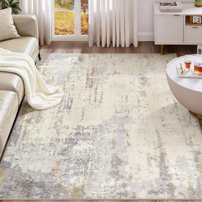 UERMEI 10x14 Washable Area Rug - Neutral Modern Abstract Living Room Rugs, Non-Slip Soft Large Indoor Floor Carpet for Bedroom Home Office & Under Dining Table Decor, Light Brown/Gray