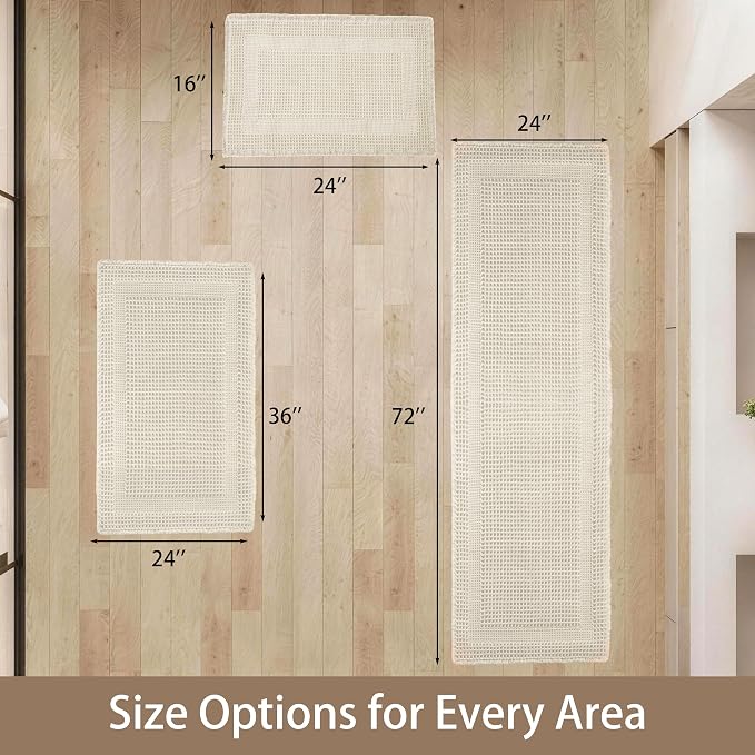 Waffle Bath Mat Non Slip, Boho Bathroom Rug, Super Absorbent Quick Dry Bathroom Mat, Soft Farmhouse Bath Rug with Tassels, Small Washable Shower Mats for Floor 16"x24", Square Cream