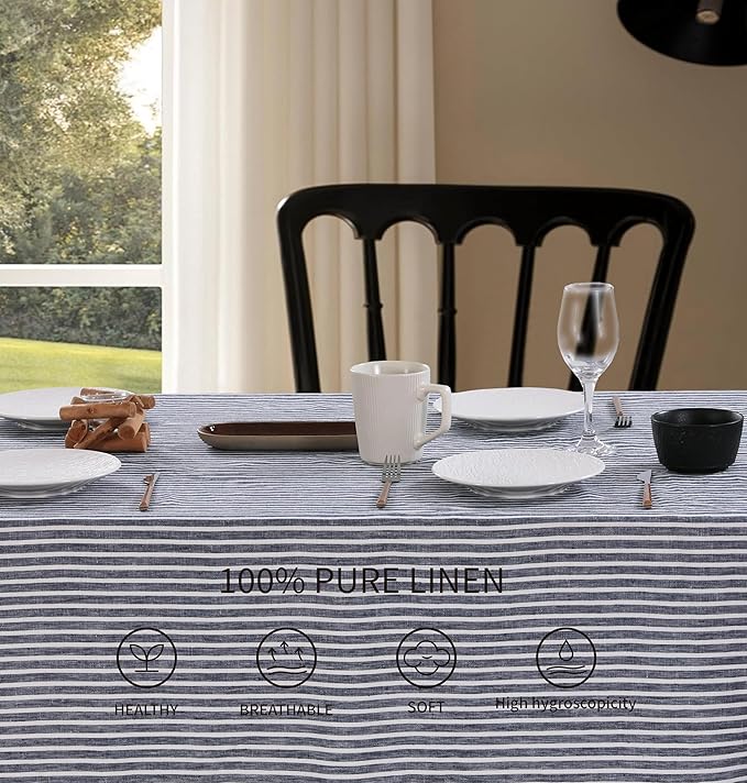 100% French Flax Linen Tablecloths Scalloped Embroidery Rectangle 120Lx60W Inch for Dinners, Parties, Spring, Machine Washable, 10-12 Sets, Blue Stripe(Edges-Blue)