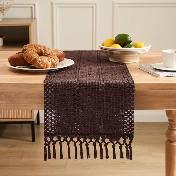 ZeeMart Macrame Style Boho Table Runner, Dark Brown Table Runners 48 Inches Long, Farmhouse Woven Home Decor, 12x48 Inch, Chocolate