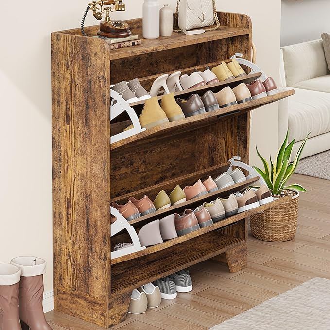 IDEALHOSUE Shoe Cabinet Storage for Entryway, Slim Shoe Storage Cabinet with 2 Flip Drawers, Freestanding Hidden Narrow Shoe Organizer Cabinet with Hooks for Entrance, Foyer, Hallway, Rustic Brown