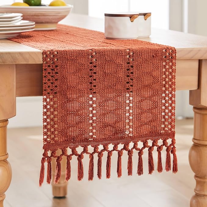 ZeeMart Macrame Style Boho Table Runner, Rust Table Runners 90 Inches Long, Farmhouse Woven Home Decor, 12x90 Inch, Rust