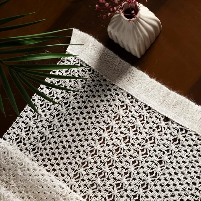 Boho Table Runner for Spring Home Decor Long Farmhouse Rustic Table Runner, Macrame Runner with Tassels for Dining Living Room Bedroom (Table Runner, 14x72 , Butterfly Pattern-Cream)