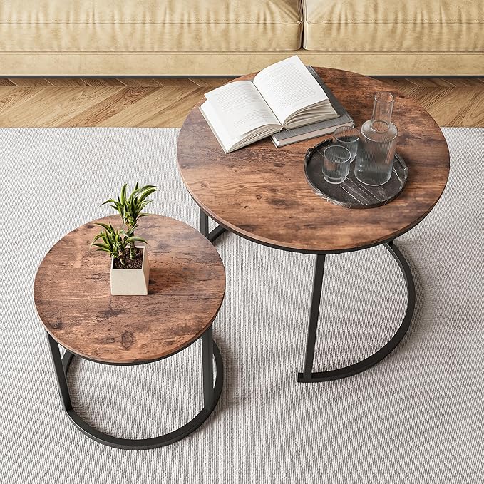 HOJINLINERO Round Coffee Table,Nesting Coffee Table Set of 2,Center Tables for Living Room,Office, Home Small Space,Stacking Side Tables,Sturdy and Easy Assembly,Wood Desktop,Rustic Brown,Small