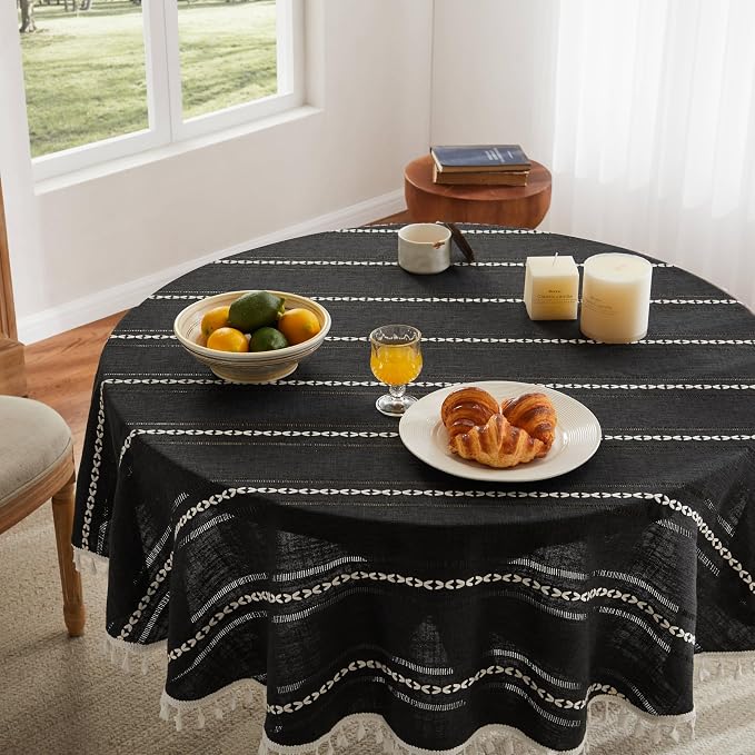 ZeeMart Hemstitched Embroidery Striped Boho Tablecloth 60 Inch Round Black, Heavy Weight Farmhouse Burlap Linen Black Tablecloth, Wrinkle Resistant Washable Table Cloth for Round Table
