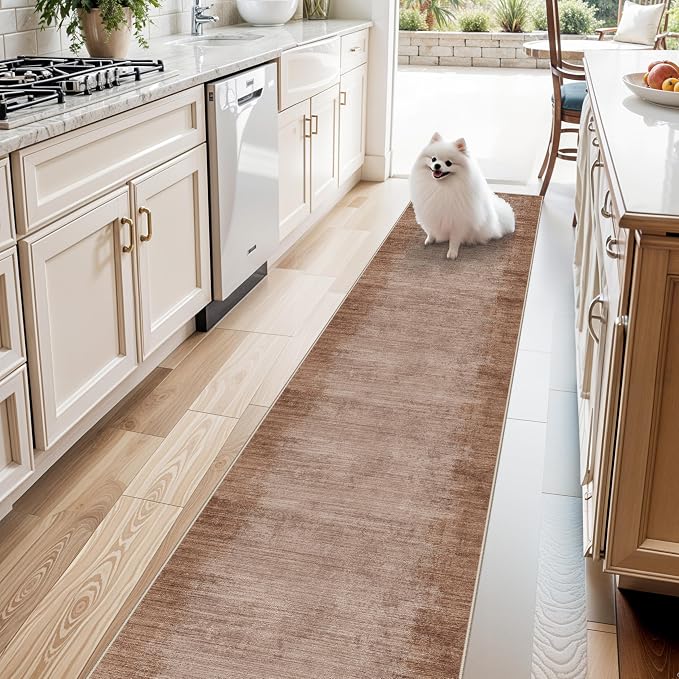 2x10 ft Washable Hallway Runner Rug – Non-Slip Long Carpet Runners for Kitchen Entryway Bedroom Living Room Bathroom,Stain-Resistant Low-Pile Modern Abstract Neutral (Warm Taupe,2x10)