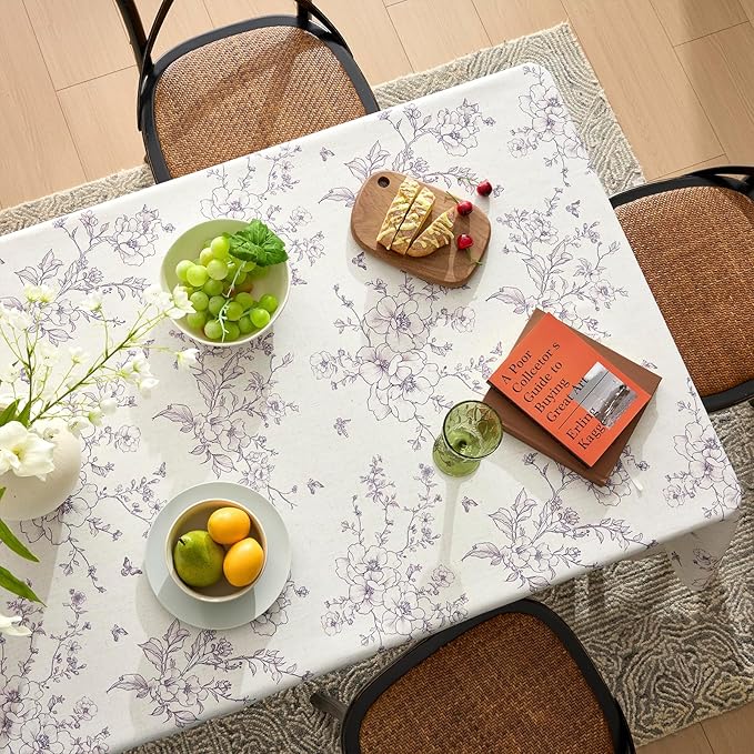 Farmhouse Linen Rectangle Tablecloth Floral Table Cloth with Purple Flowers Pattern Burlap Textured French Rustic Vintage Outdoor Table Cover for Picnic,Dining,Party,Home Decor 55x72 Inch