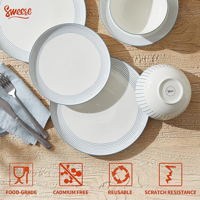 Sweese Lightweight Dinnerware Sets, Plates and Bowls Set for 6, 18 Pieces Stripe Dishes - Chip and Scratch Resistant, Microwave and Dishwasher Safe Porcelain Dinner Sets, Blue