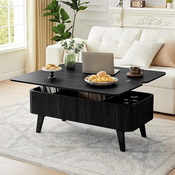 Fluted Lift Top Coffee Table, 3 in 1 Convertible Coffee Tables Converts to Dining Tables, Modern Oval Wooden Center Table with Storage for Living Room Office Small Space, Partial Assembly (Black)