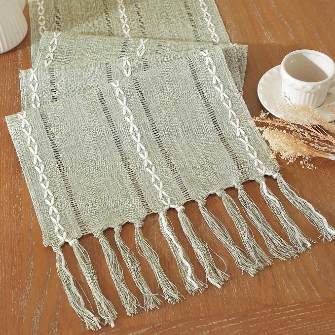 Farmhouse Decor Boho Table Runner with Macrame, Elegant Sage Green Coffee Table Runners 60 Inches Long, Rustic Home Decor Boho Decorations for Dining Room Kitchen Baby Bridal Shower (13"×60")