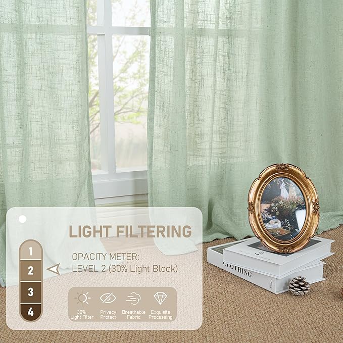 LAMIT Fresh Green Linen Curtains for Living Room, 78 Inch Faux Linen Textured Light Filtering Drapes Back Tab and Rod Pocket Boho Panels for Farmhouse/Bedroom/Porch, 52 x 78 Inch, 2 Panels Set