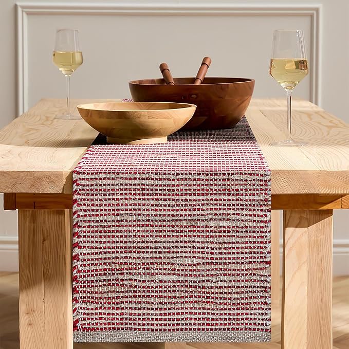 Boho Jute Table Runner for Dining Tables, Rustic Neutral Table Runner Farmhouse Style , Cotton and Jute Colorful Indoor Kitchen Decor, 13 X 108 Inch, - Natural- Red