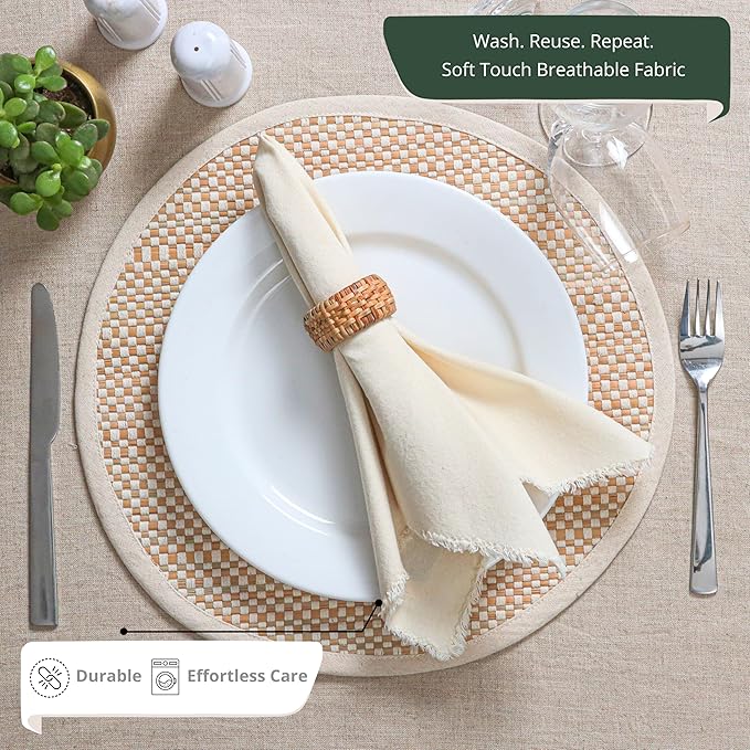 Palisa Premium Cotton Dinner Napkins Set of 12 | Light Flax Frayed Edge Rustic Farmhouse Table Linen | Soft Washable Long Lasting Durable Cloth Serviettes for Wedding Dining Decor 18x18 Inch