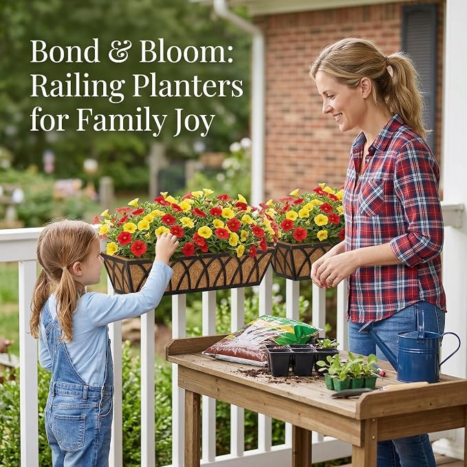 30 Inch 4 Pack Railing Planter with Adjustable Brackets, Window Box with Coco Liner, Hanging Metal Flower Box for Balcony Deck Fence Porch, Black