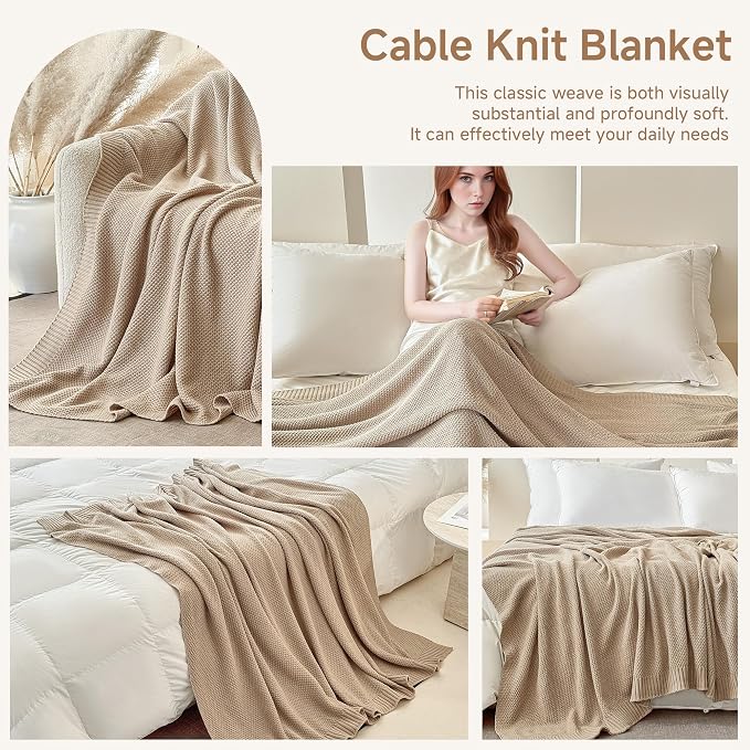 Simple&Opulence 100% Cotton Blanket Queen Size, Solid Color Cable Knitted Blanket Super Soft Comfortable Breathable Decorative Farmhouse for Couch Sofa Bed, All Season Use(Light Khaki,90x90)
