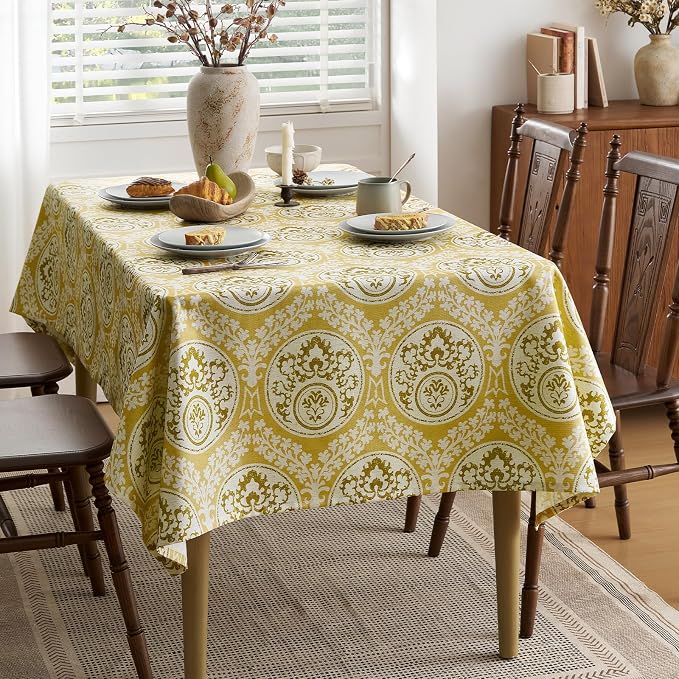 Rustic Yellow Floral Tablecloths Rectangular: Linen Printed Farmhouse Table Cloth - Damask Patterned on Burlap Textured Fabric Outdoor Table Cover for Kitchen,Dining,Party,Picnic Decor, 55x84 Inch