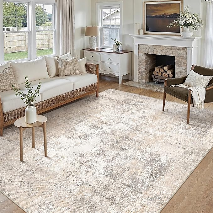 6x9 Washable Area Rug Beige Grey Abstract Non Slip Soft Medium Pile Rug for Living Room Bedroom Dining Room Office Neutral Modern Indoor Throw Carpet for Home Decor