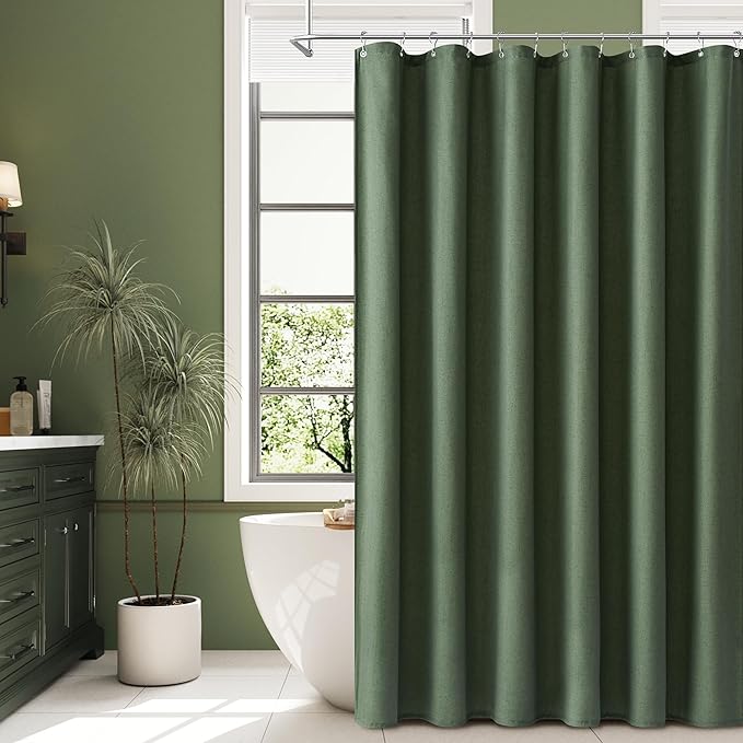 Naturoom Olive Green Shower Curtain 84 inches Long, Linen Rustic Weighted Fabric Shower Curtain Set with Hooks, Bohemian Country Thick Bath Curtains for Bathroom,72x84
