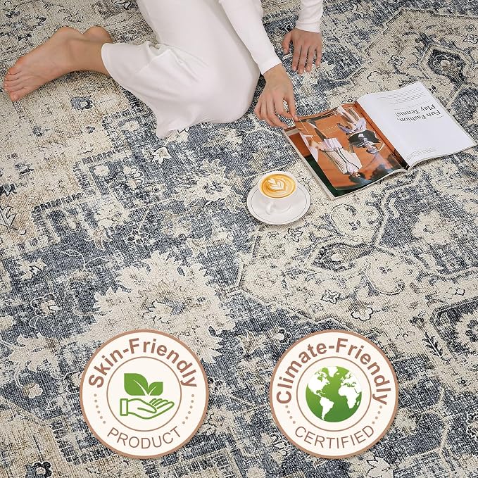 8x10 Area Rugs Living Room: Washable Boho Large Neutral Vintage Soft Rug Stain Resistant Distressed Farmhouse Non-Slip Indoor Floor Carpet for Bedroom Nursery Kids Office Dining Room- Brown Blue