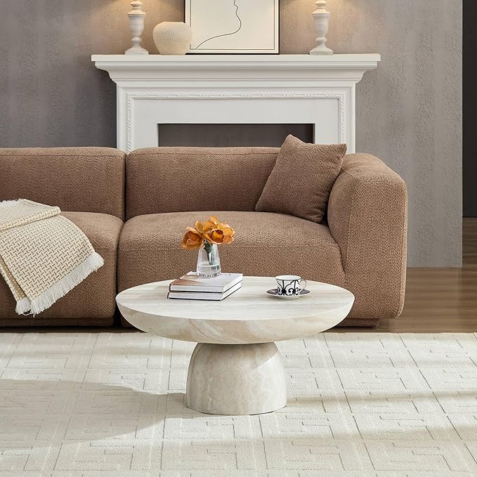 31.5" Round Coffee Table with Round Pedestal, Fiberglass Faux Marble Tabletop for Living Room, Modern Circle Center Table Tea Table for Apartment, Office, Beige Mars Pattern