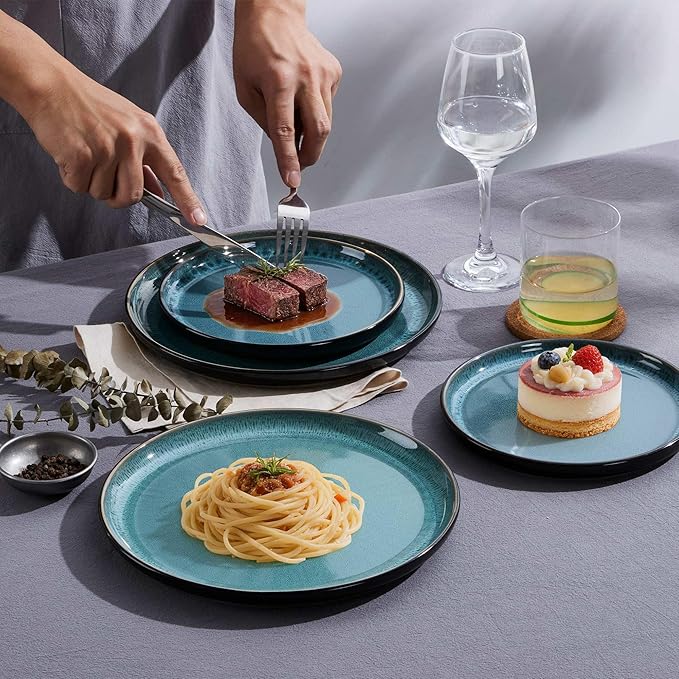LIANYU 24 Piece Dinnerware Sets for 8, Modern Stoneware Plates and Bowls, Ceramic Round Dinner Dinning Ware Set, Dishwasher and Microwave Safe Dishes Set for Family Dinner, Pastel Turquoise