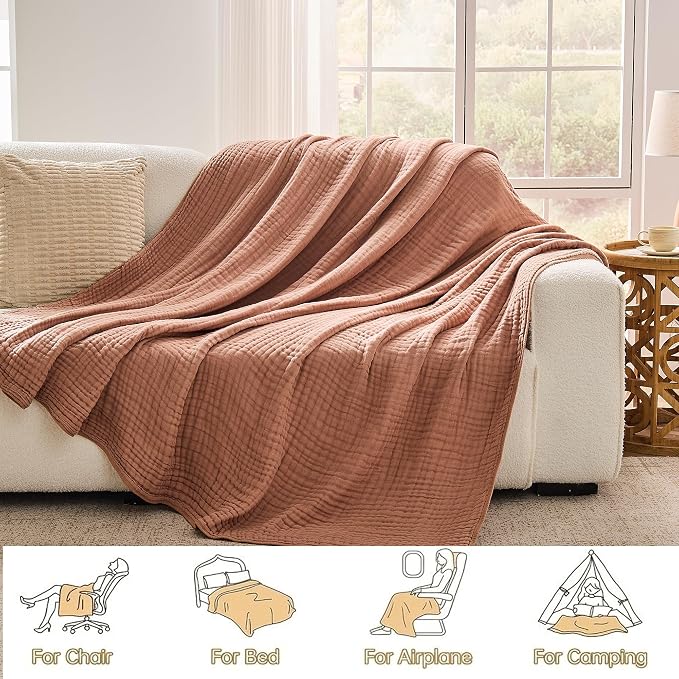 VANJOROY 9-Layer Muslin Throw Blanket Twin 60" x 80" Coffee, 100% Cotton Organic Breathable Lightweight Large Throw for Couch Bed Quilt and Bedspread - All Season Muslin Soft Gauze Blanket