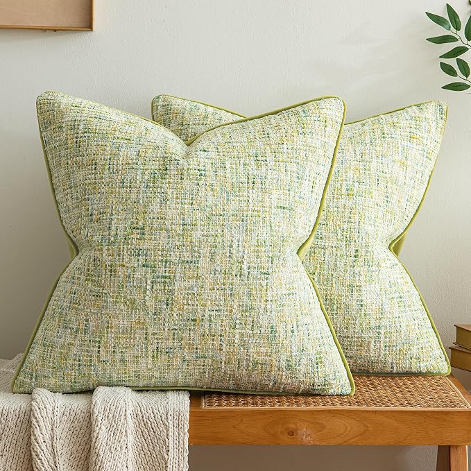 a moment Green Reversible Pillow Covers 2 Pack - Farmhouse Chenille Velvet Throw Pillows, Neutral Textured Decorative Throw Pillow Covers with Border for Couch Sofa Bed (22x22 Inch, No Insert)