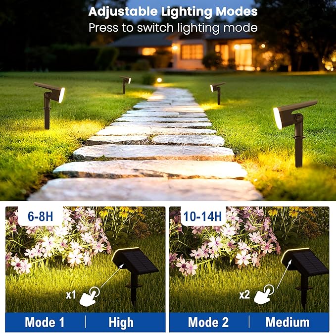 Solar Lights Outdoor Waterproof IP65,Auto On/Off, 2700K 2 Lighting Modes, Super Bright LED, Solar Powered Yard Garden Solar Spot Lights for Outside Landscape,4 Pack