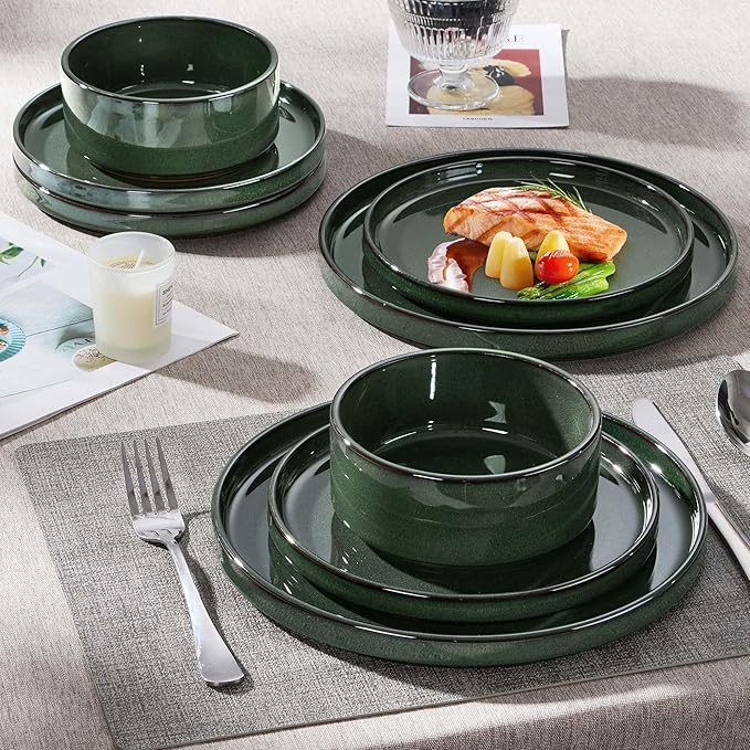 Herogo 12 Pieces Stoneware Dinnerware Set for 4, Ceramic Dinner Dishware Sets for Home Kitchen, Plates and Bowls with Rustic Terracotta Bottom, Dishwasher & Microwave Safe, Dark Green