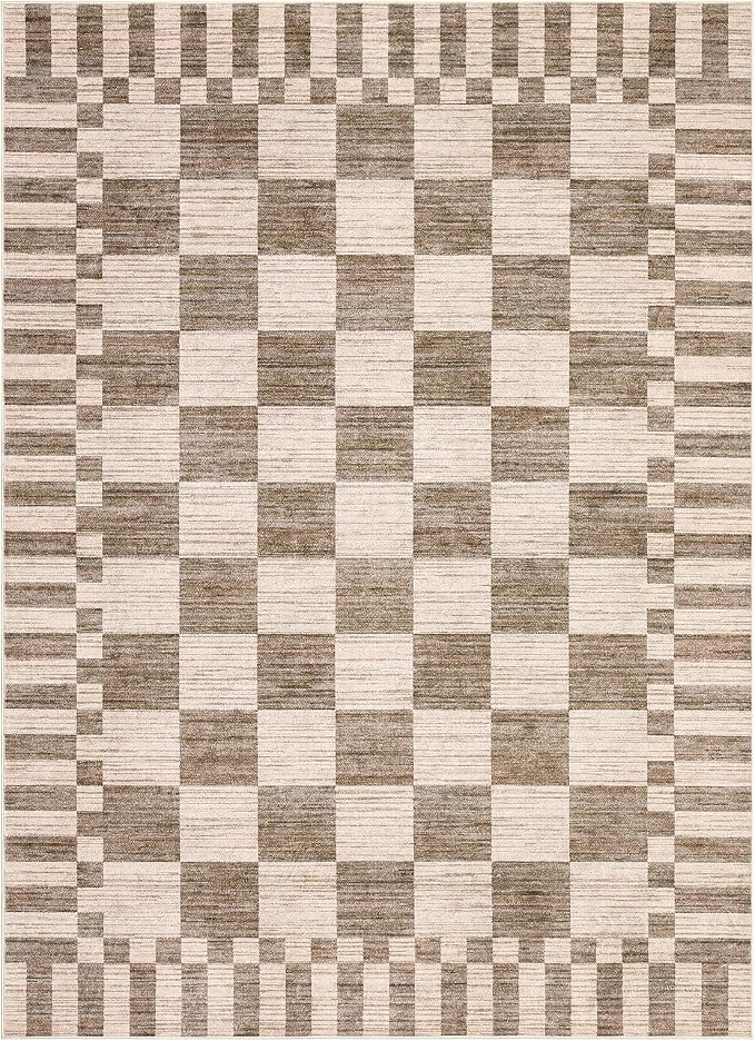 GarveeHome Brown Checkered Rug,Washable 3x5 Rug Geometric Tan Brown Print Non Slip for Entryway,Modern Soft Low-Pile,Neutral Farmhouse Checkerboard Rug,Small Area Rugs for Bedroom Kitchen Dining Room